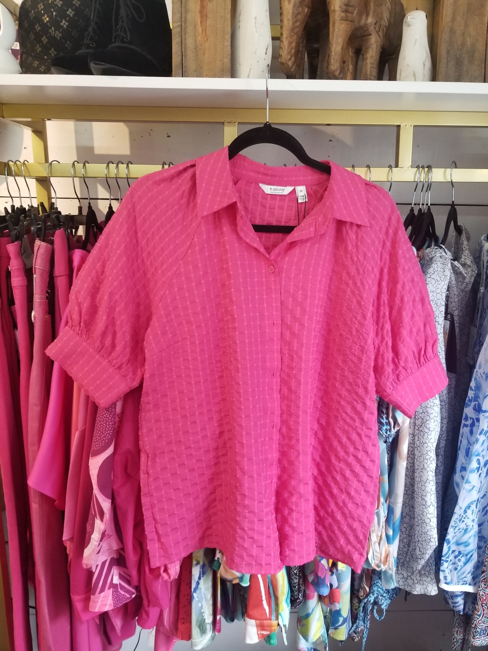 Bright Pink Textured Button-Down Shirt - Relaxed Casual Style
